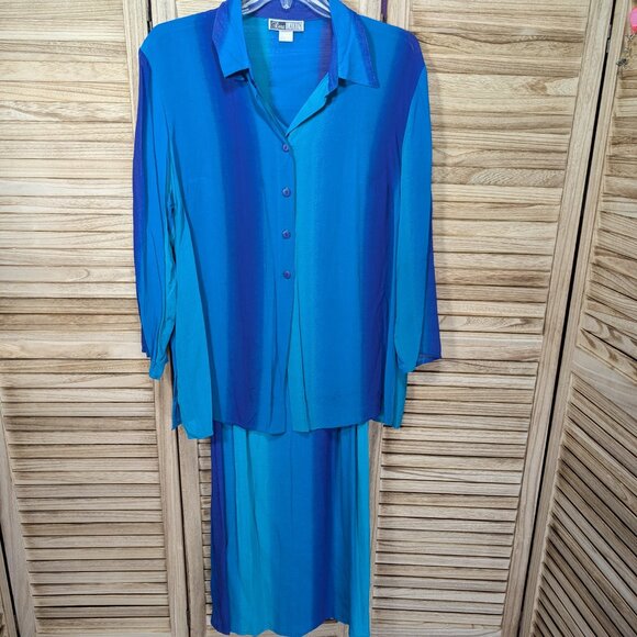 Dera Lauren Blue and Teal Button-Up Blouse and Dress Set Size 1X - Picture 2 of 15